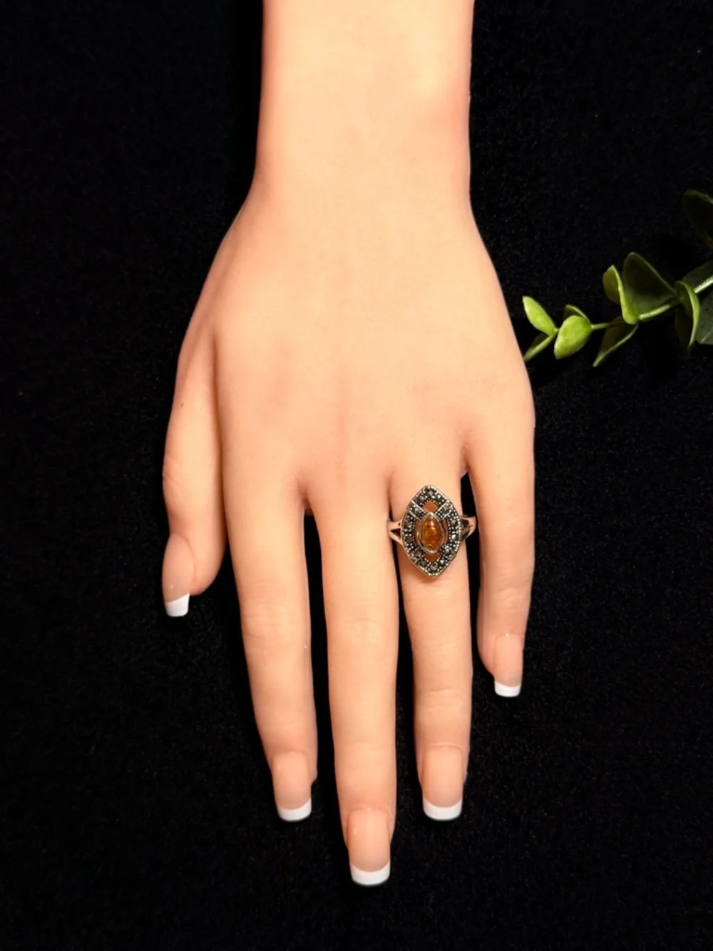 Silver Colored Amber Marquise Ring - Orange‎ Gemstone